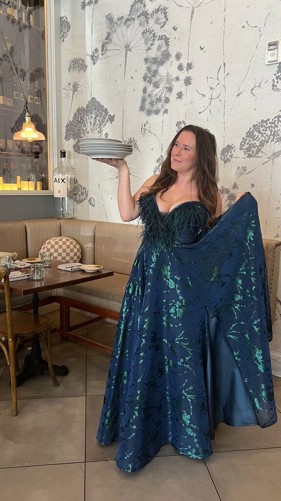 Feather Trim Metallic Gown