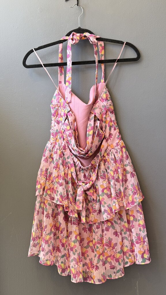 Floral Lace Up Back Mini Halter Dress