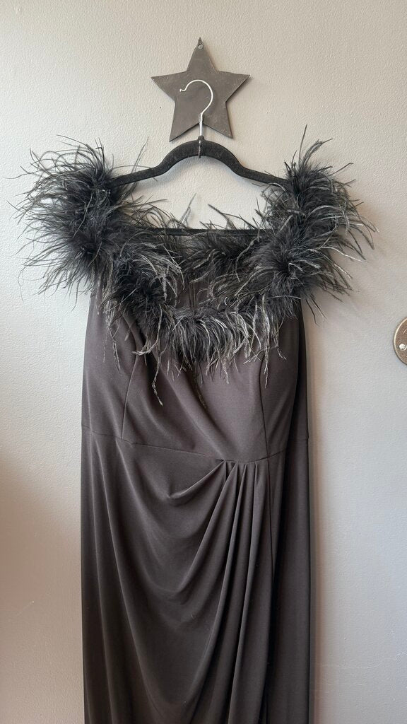 Feather Trim Off the Shoulder Gown