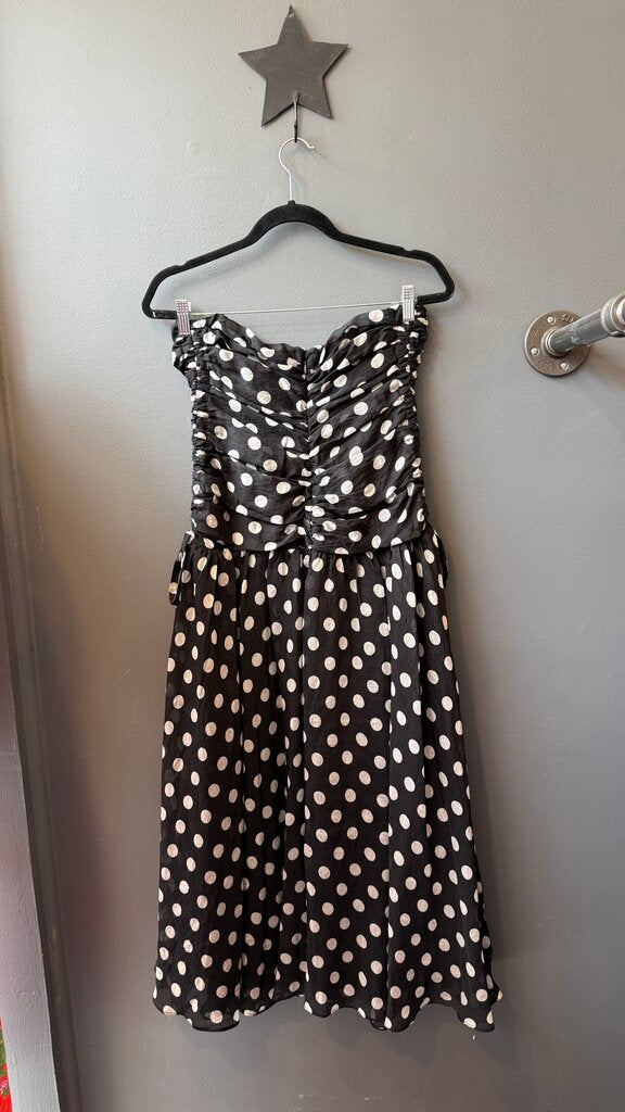 Strapless Ruched Polka Dot Midi Dress