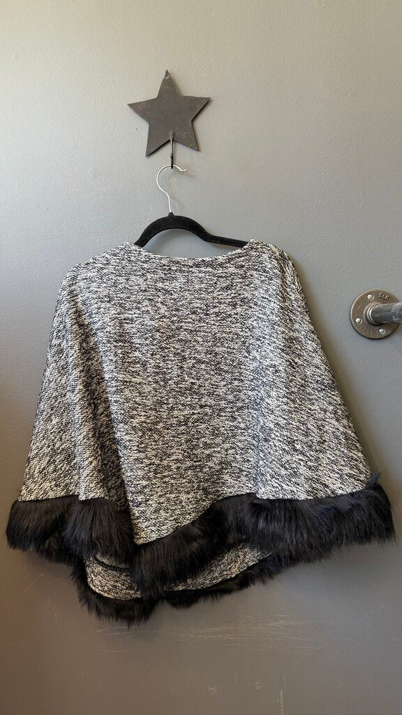 Broach Faux Fur Trim Poncho Topper