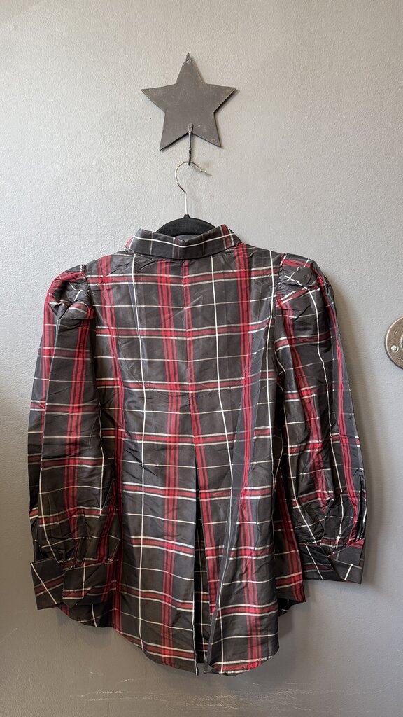Silk Tartan Puff Shoulder Button Up Blouse