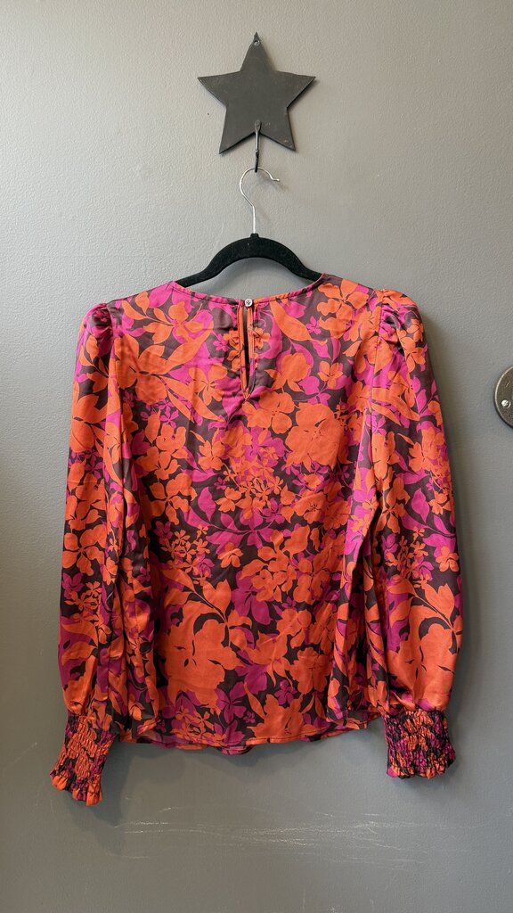 Puff Shoulder Satin Floral Blouse
