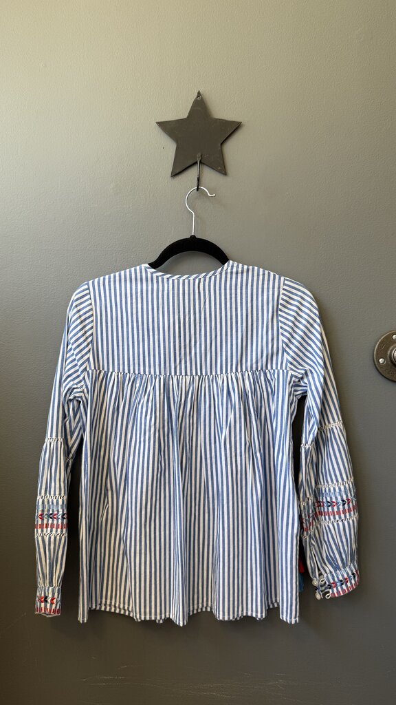 Striped Embroidered Tassel Blouse