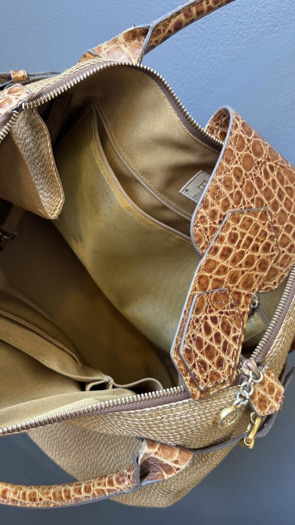 Leather Trim Woven Straw Bag