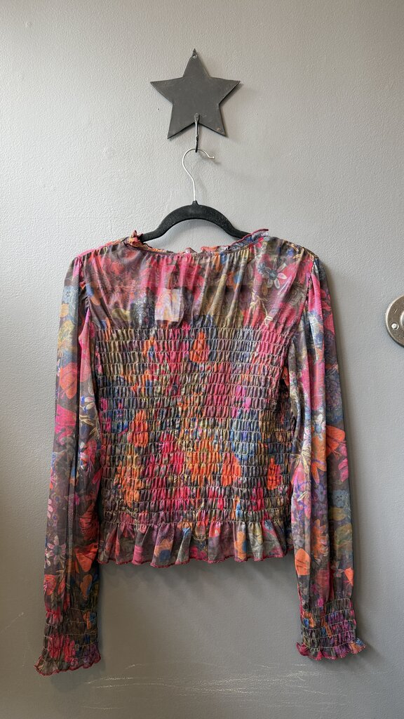 Sheer Mesh Smocked Longsleeve Top