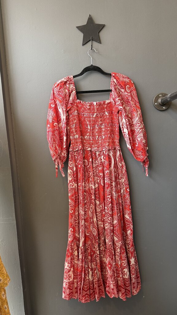 Off the Shoulder Block Print Smocked Maxi Dress