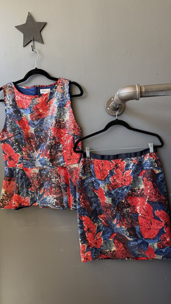 Sequin Floral Peplum Top + Skirt Set
