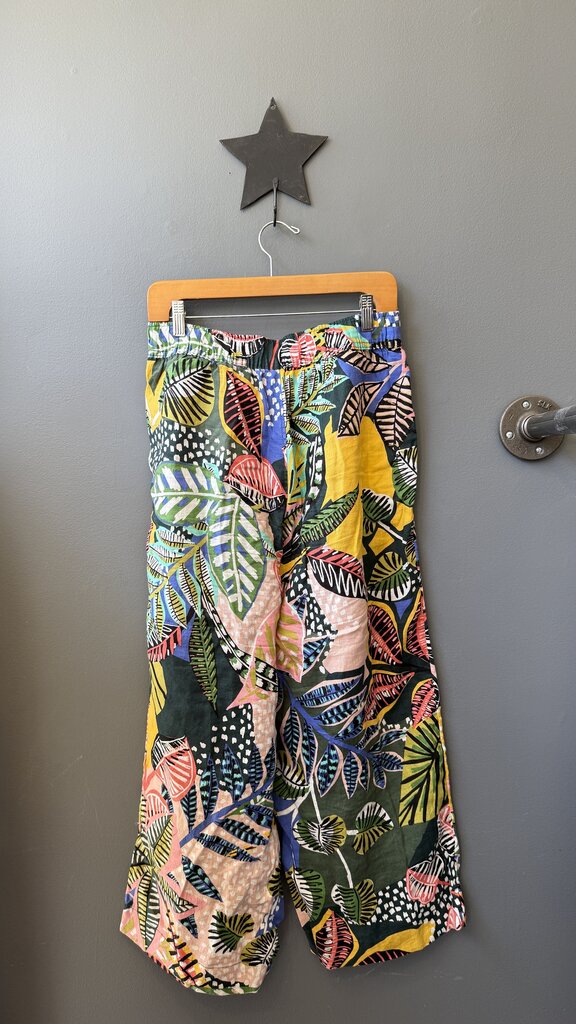 Leaf Print Linen Wide Leg Pants