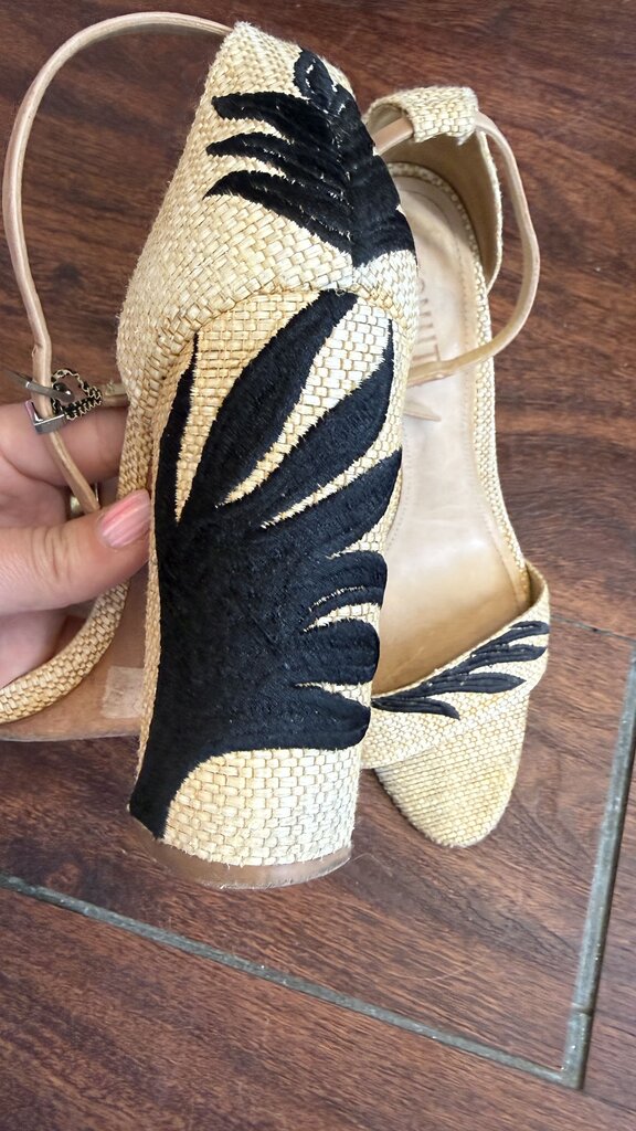 Embroidered Raffia Block Heel Sandals
