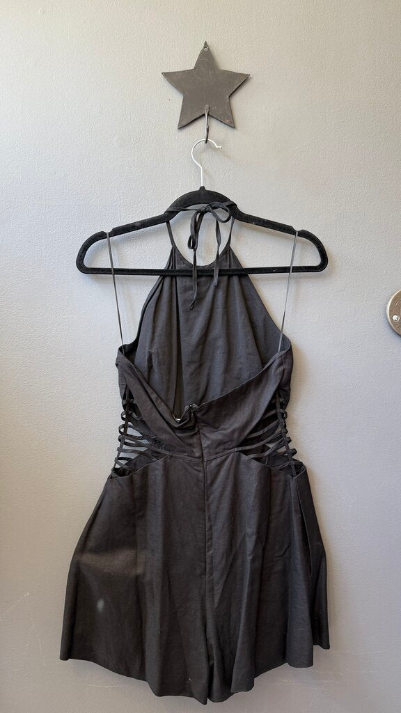 Linen Blend Cutout Halter Romper