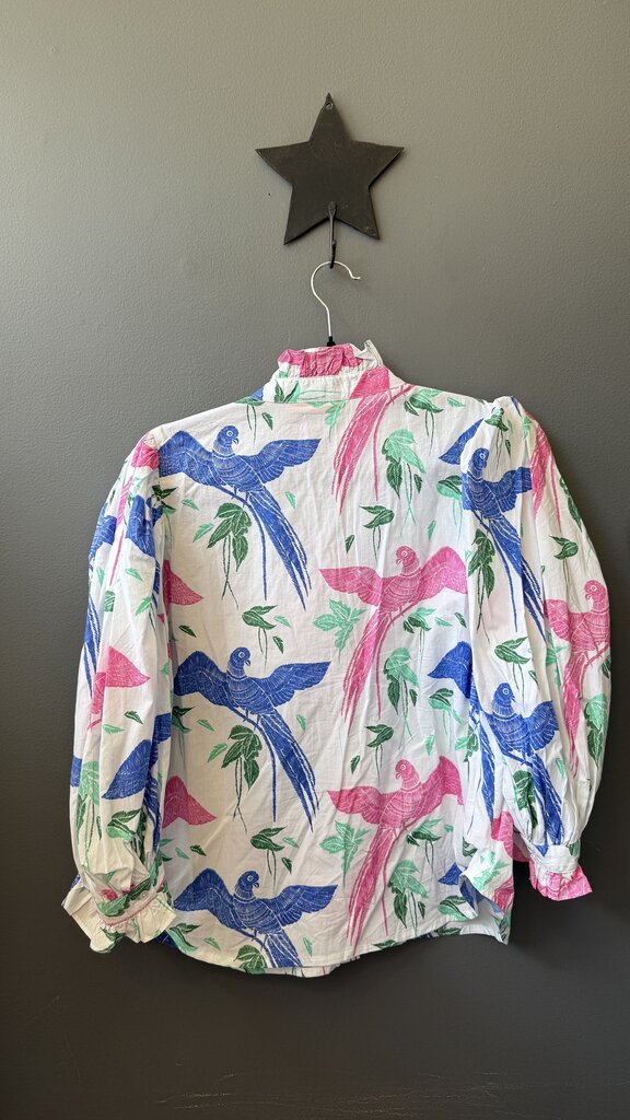Print Ruffle Neck Button Up Blouse