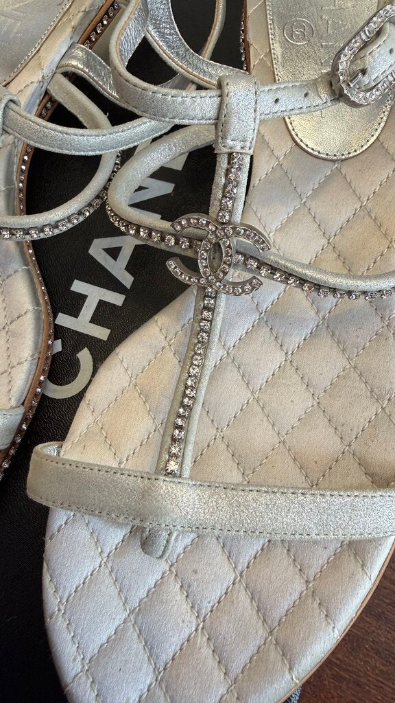 Quilted Rhinestone Tiny Block Heel Sandals