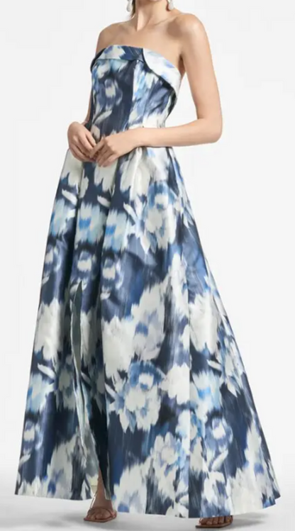 Strapless Ikat Floral Gown