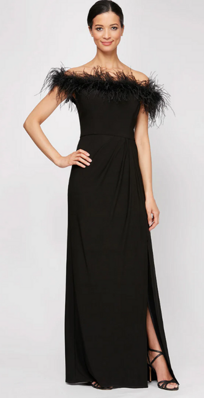 Feather Trim Off the Shoulder Gown