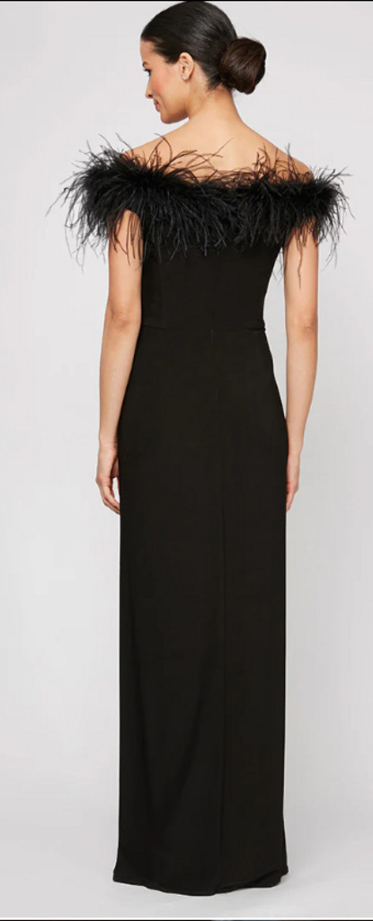 Feather Trim Off the Shoulder Gown