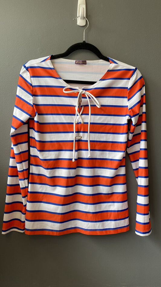 Stripe Lace Up 3/4 Sleeve Top