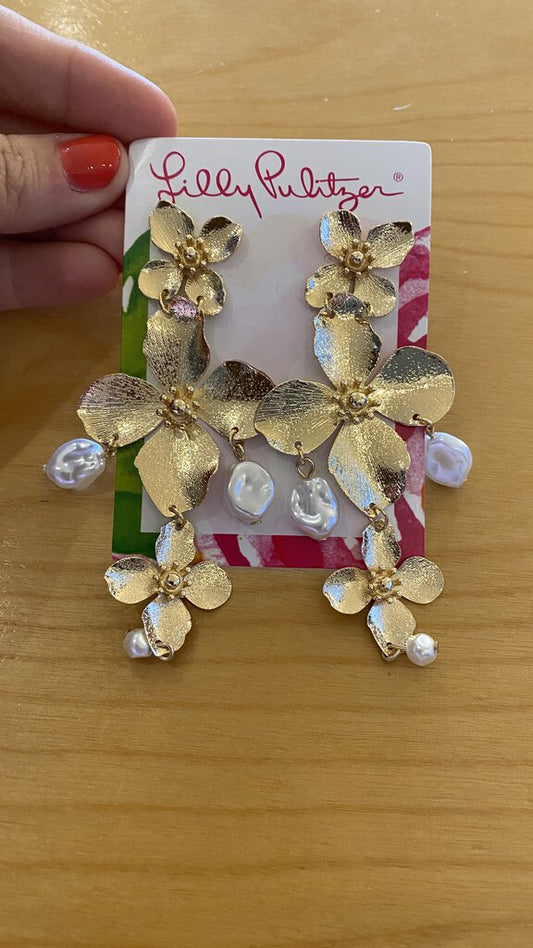 Gold Flower Dangle Stud Earrings