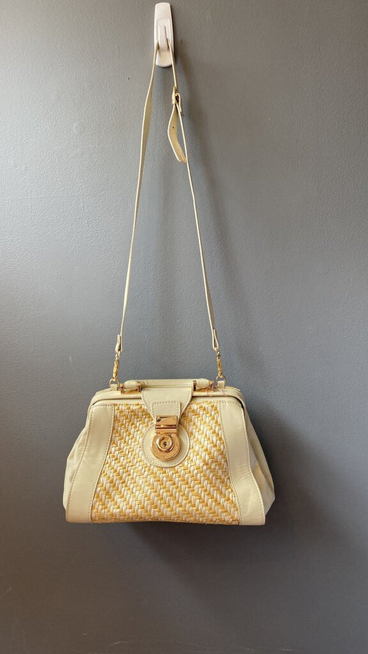 Woven Raffia Leather Satchel Crossbody