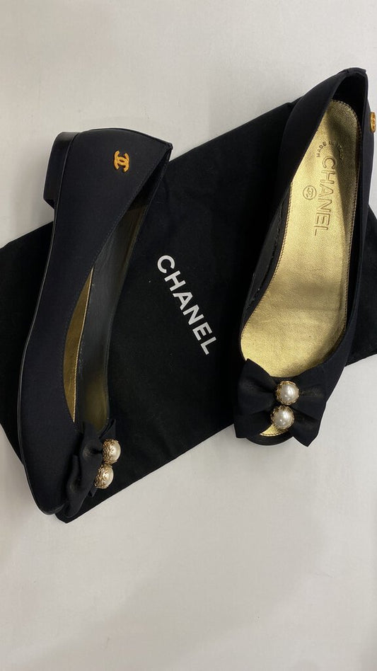 Pearl Bow Peep Toe Flats (38.5)