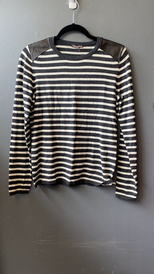 Faux Leather Patch Stripe Crewneck