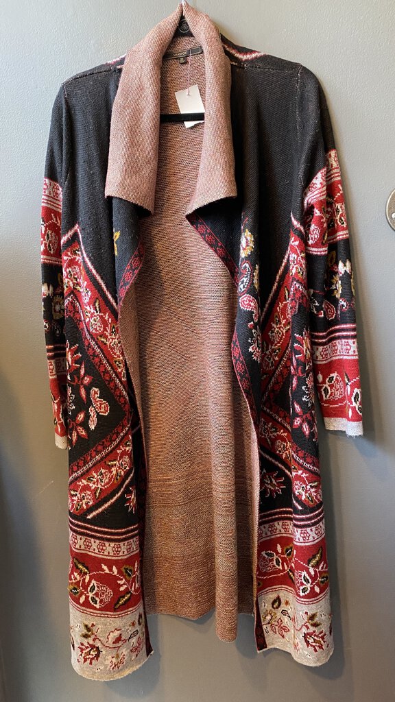 Tapestry Print Long Open Cardigan