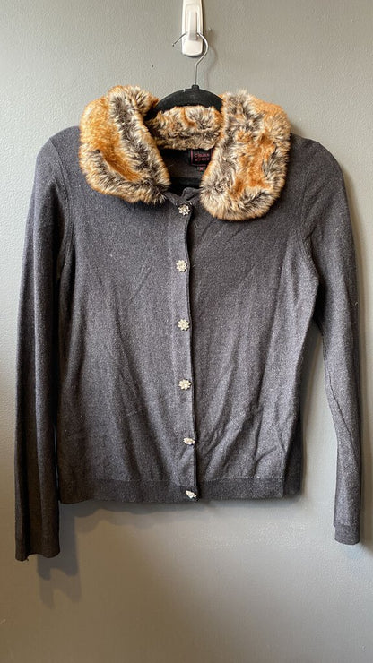 Faux Fur Collar Rhinestone Cardigan