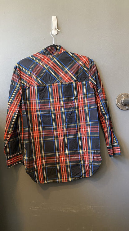 Tartan Rhinestone Button Popover Blouse