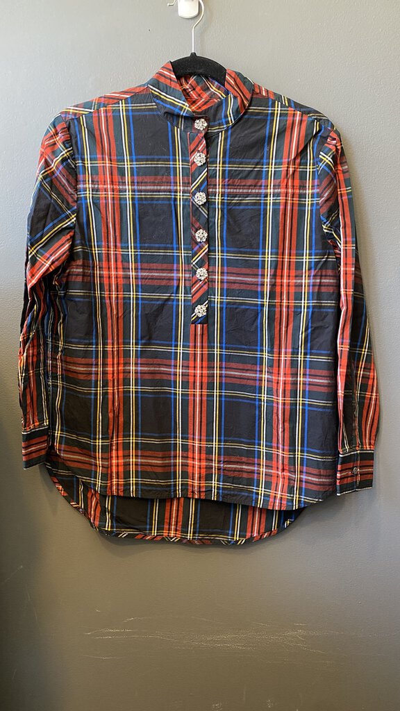 Tartan Rhinestone Button Popover Blouse