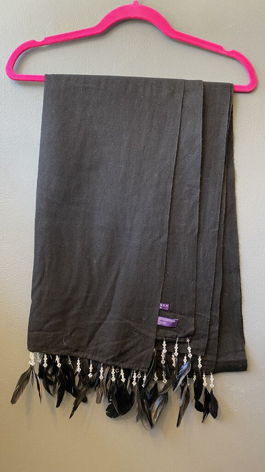 Beaded Feather Trim Cashmre Shawl