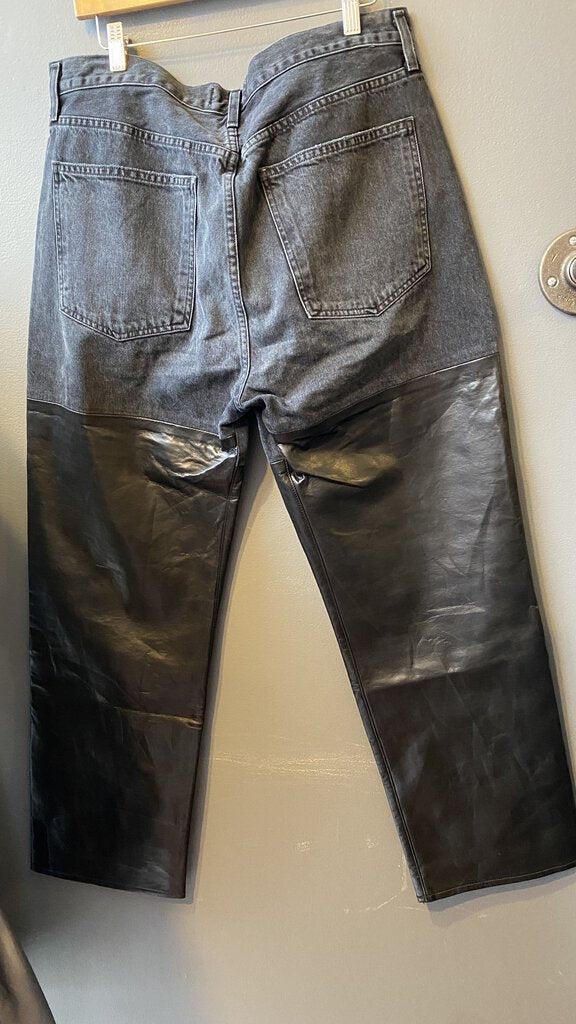 Leather Panel Straight Jeans