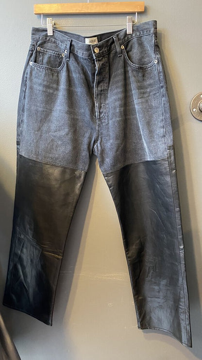 Leather Panel Straight Jeans