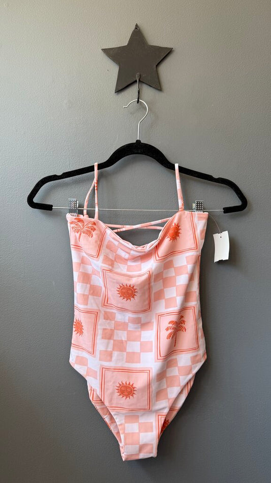 Sun Tile Lace Up Back One Piece Swimsuit