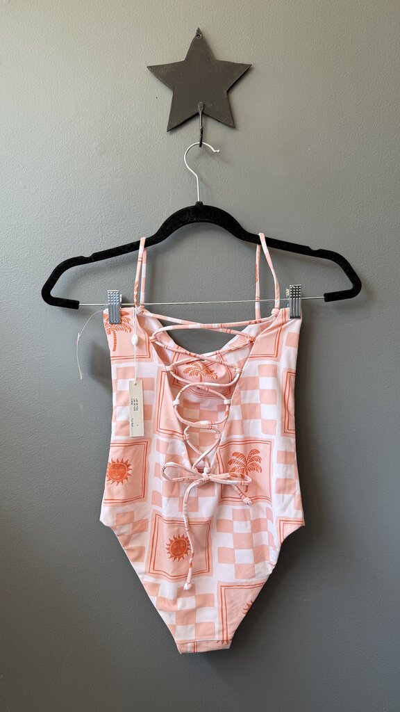Sun Tile Lace Up Back One Piece Swimsuit