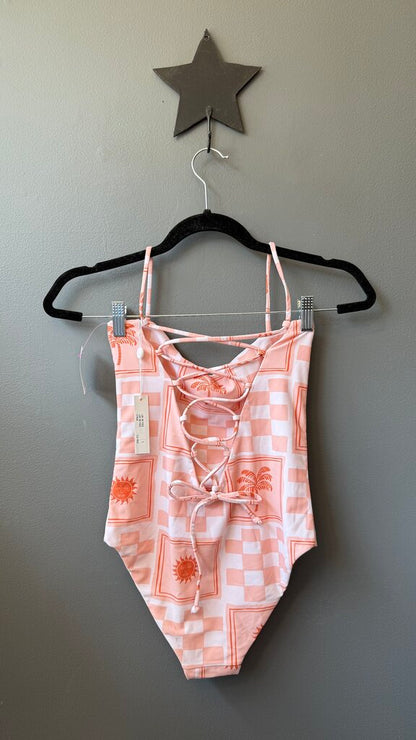 Sun Tile Lace Up Back One Piece Swimsuit