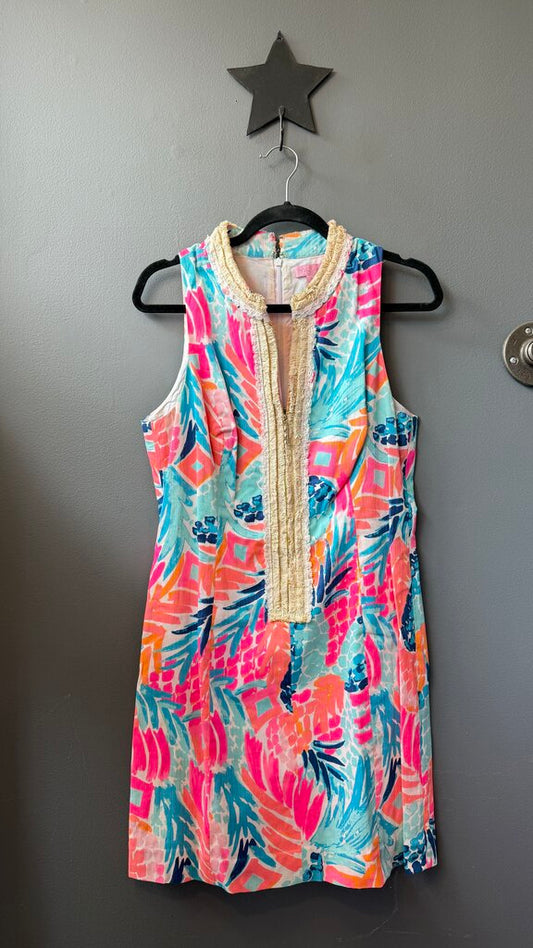 Zipper Front Fringe Trim Shift Dress