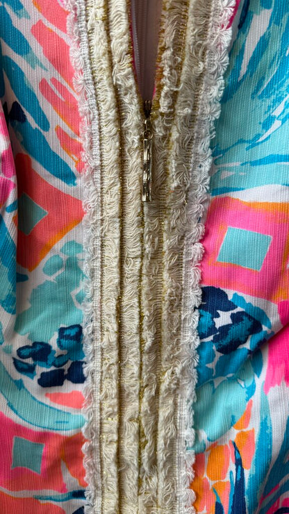 Zipper Front Fringe Trim Shift Dress