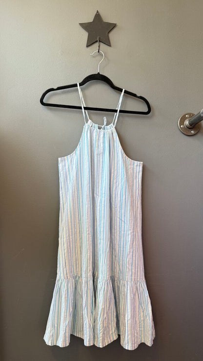 Seersucker Drop Waist High Neck Dress