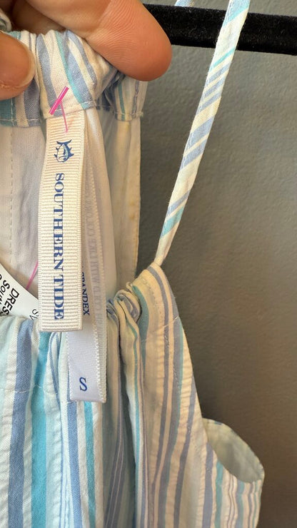 Seersucker Drop Waist High Neck Dress