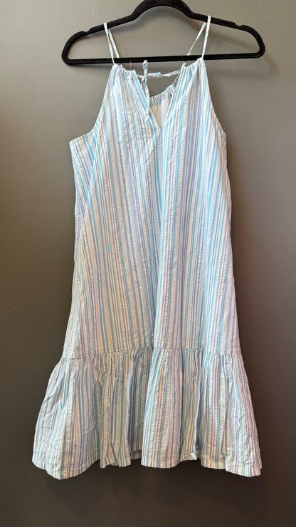 Seersucker Drop Waist High Neck Dress