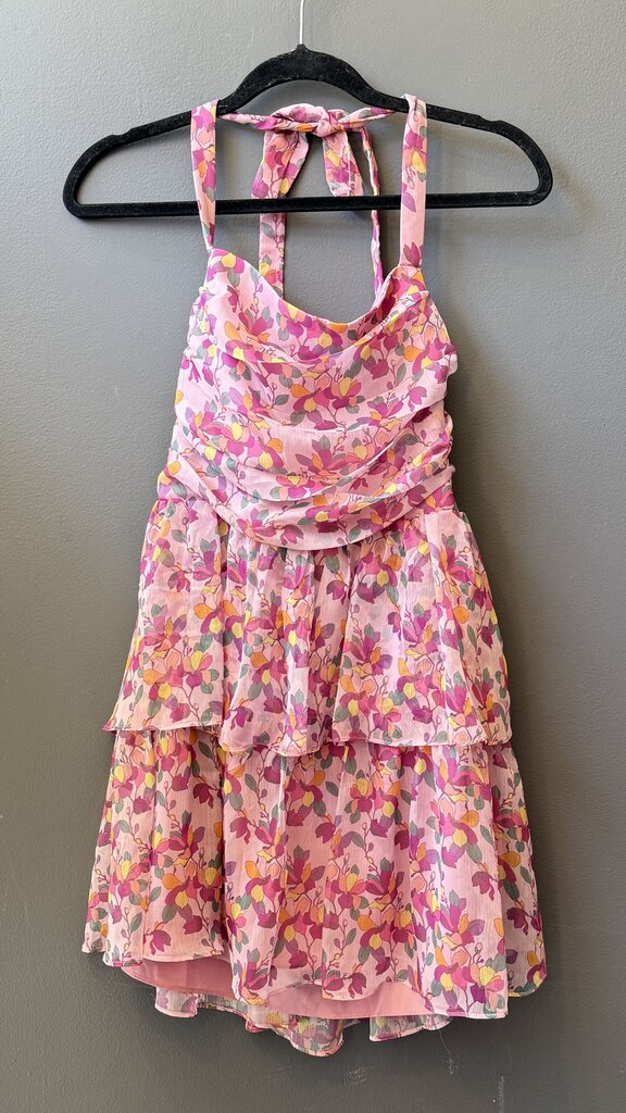 Floral Lace Up Back Mini Halter Dress