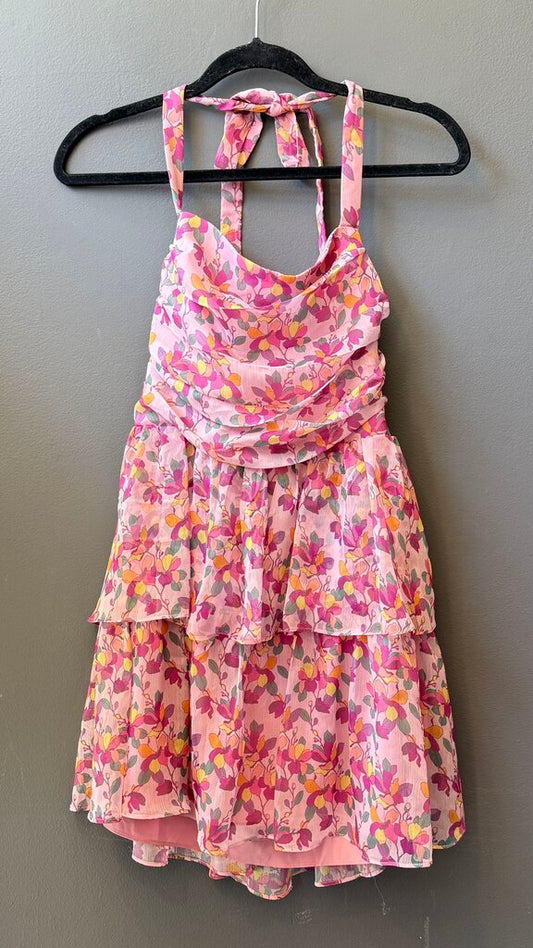 Floral Lace Up Back Mini Halter Dress