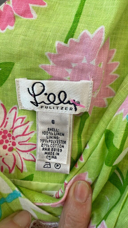 Linen Lace Trim Floral Dress