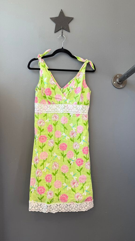 Linen Lace Trim Floral Dress