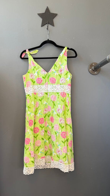 Linen Lace Trim Floral Dress