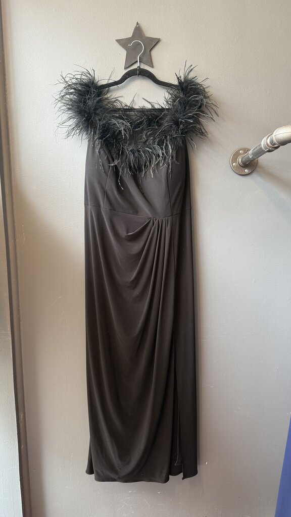 Feather Trim Off the Shoulder Gown