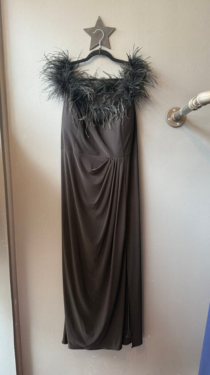 Feather Trim Off the Shoulder Gown