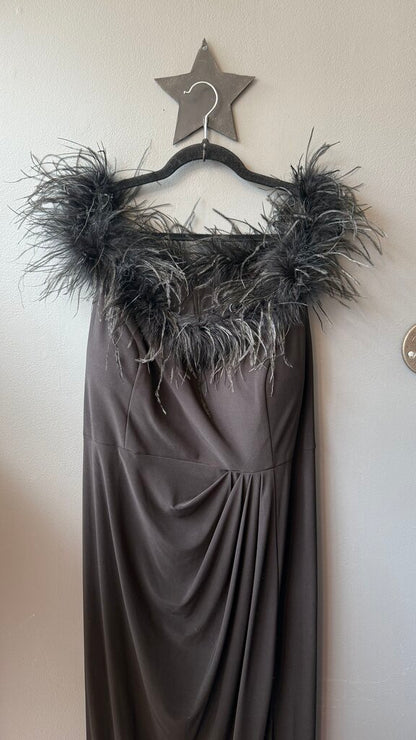 Feather Trim Off the Shoulder Gown