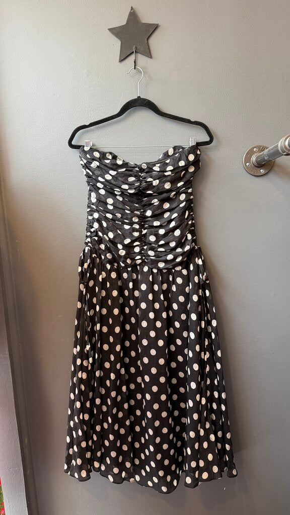 Strapless Ruched Polka Dot Midi Dress