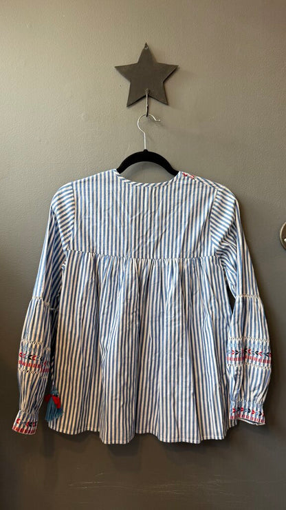 Striped Embroidered Tassel Blouse